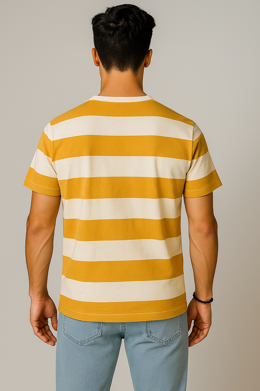 Effortless style in a classic striped tee" with yellow and white stripes