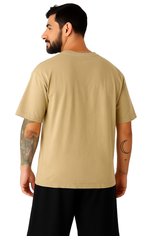 Men’s Casual Khaki Crew Neck T-Shirt with Embroidered Graphic