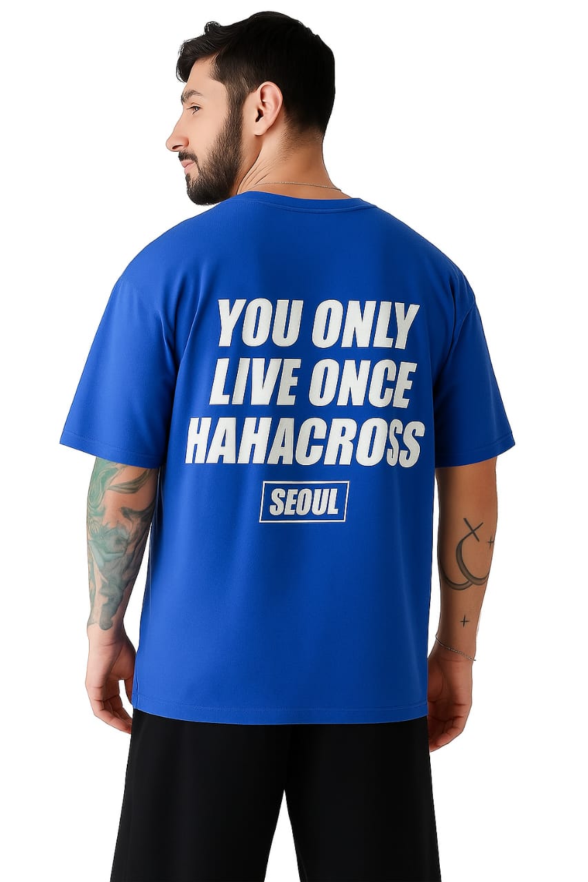 "Bold Blue T-Shirt with Inspirational Quote - Anything Something / You Only Live Once Hahacross Seoul"