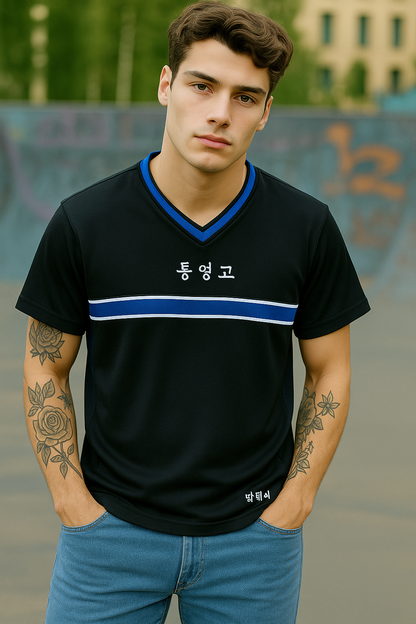 Blue V-Neck T-Shirt with Korean-Inspired Design and Blue Stripes