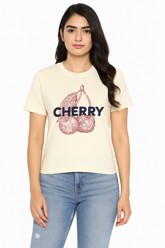 Women's Graphic Printed "CHERRY" Cream T-Shirt