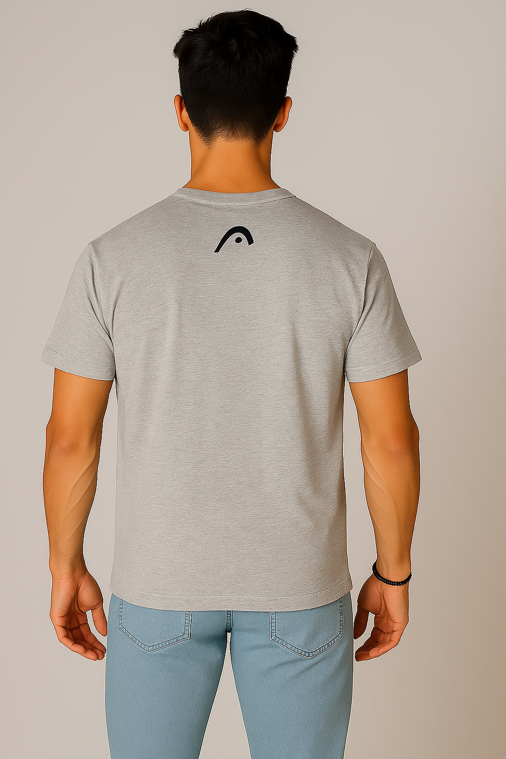 Casual Chic: Gray "HEAD" T-Shirt with Red and Black Stripe