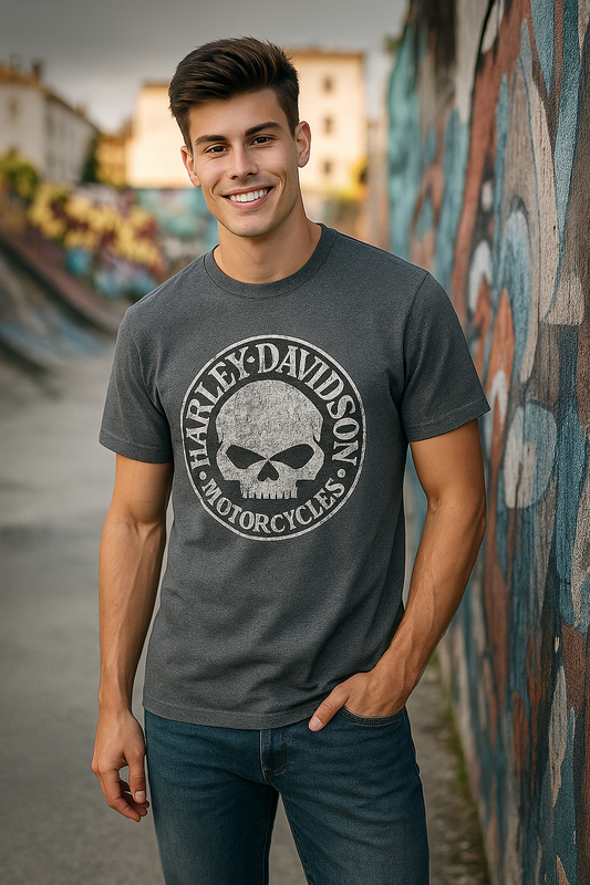 Harley-Davidson Skull Emblem Graphic Tee – Charcoal Gray