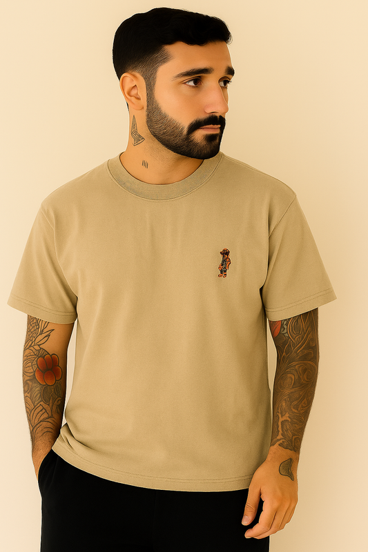 Men’s Casual Khaki Crew Neck T-Shirt with Embroidered Graphic