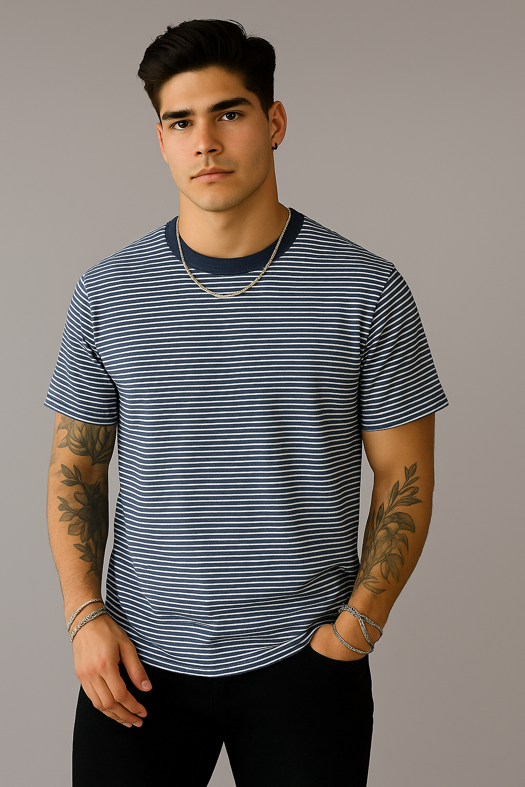 Classic Navy & White Striped Crew Neck T-Shirt