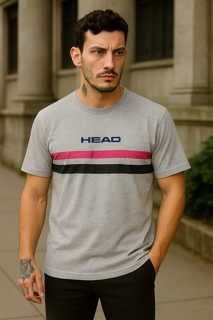 Casual Chic: Gray "HEAD" T-Shirt with Red and Black Stripe