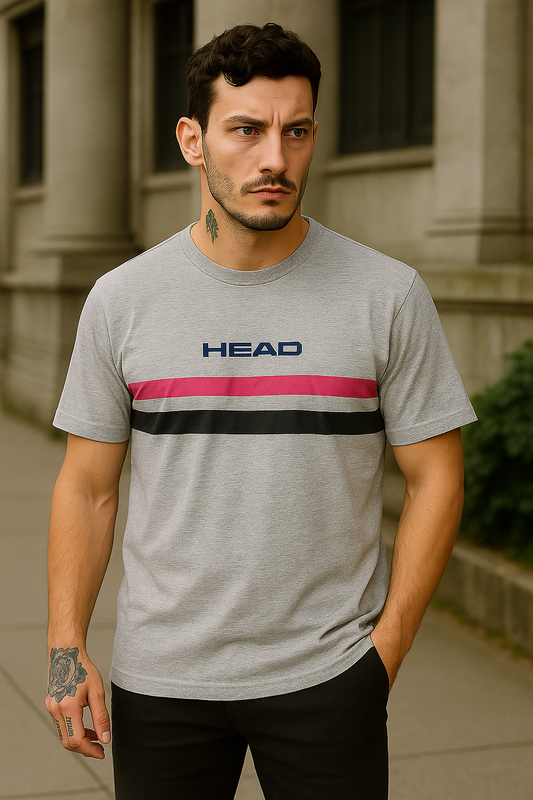 Casual Chic: Gray "HEAD" T-Shirt with Red and Black Stripe