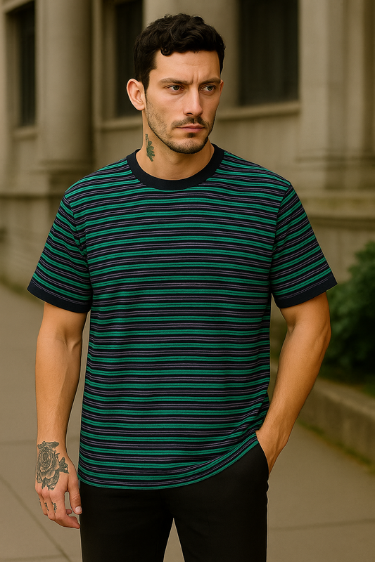 Striped Casual Tee With Green and Black strips