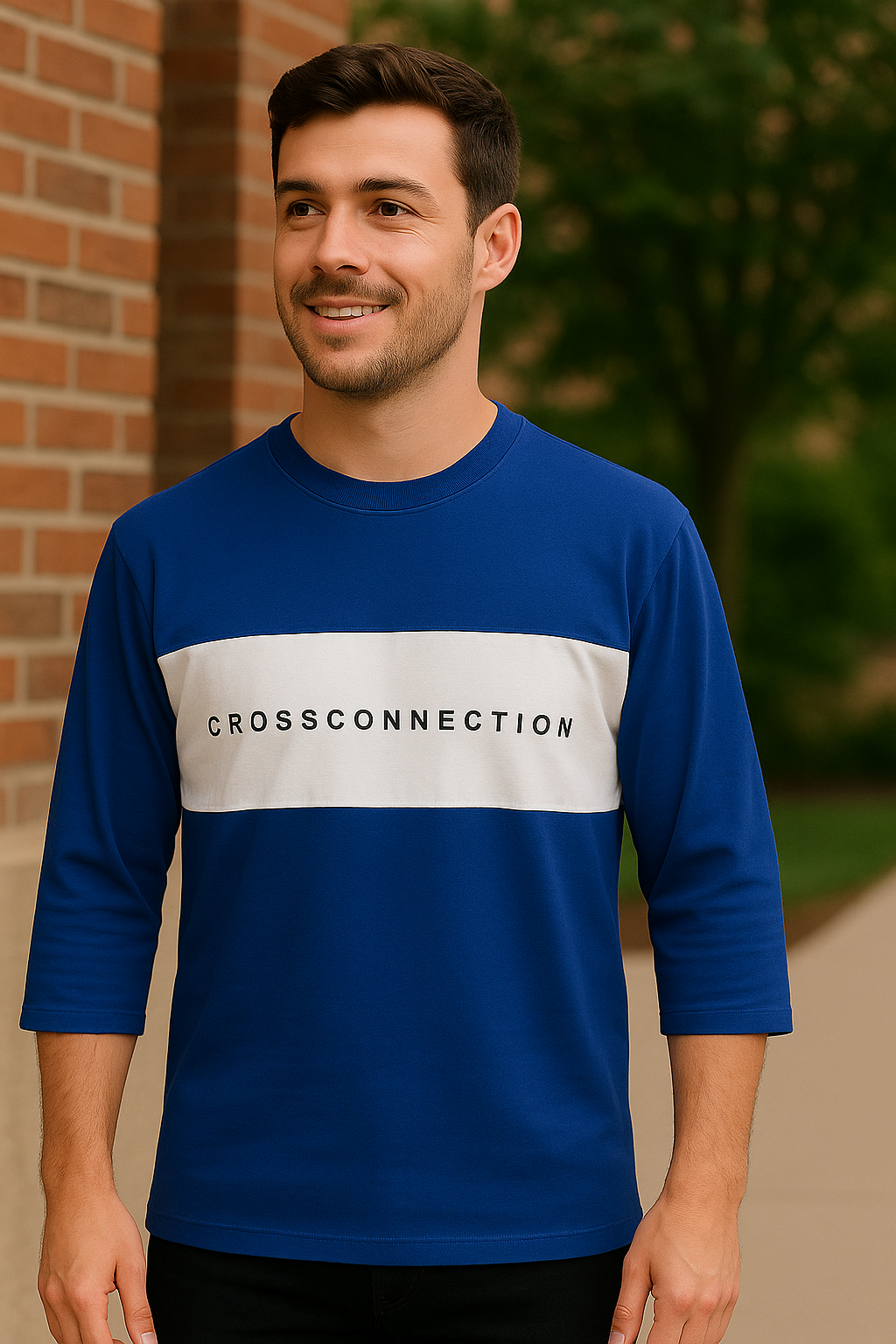 Bold Blue CrossConnection Tee – 3/4 Sleeve Style